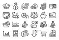 Vector set of Trade infochart, Discounts bubble and Money bag line icons set. Vector