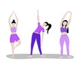 Vector set of training girl. Woman doing fitness and yoga exercises. Royalty Free Stock Photo