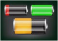 Vector set of transparent battery illustration. Green, orange and red battery on dark background Royalty Free Stock Photo