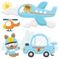 Vector set of transport cartoon with funny animals, transportation elements Royalty Free Stock Photo