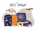 Vector set with travel elements: luggage bags, suitcases, sunglasses, cosmetics, clothes, airplane. Trendy colorful vacation