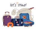 Vector set with travel elements: luggage bags, suitcases, sunglasses, cosmetics, clothes, airplane. Trendy colorful vacation