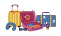 Vector set with travel elements: luggage bags, suitcases, sunglasses, cosmetics, clothes. Trendy colorful vacation illustration
