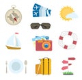 Vector set of travel icons on white. compass, airplane tickets