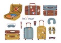 Vector set with travel stuff: luggage bags, suitcases, sunglasses, cosmetics, clothes. Trendy colorful vacation design elements