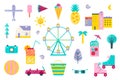 Vector set of traveling, vacations, summer, holidays flat icons. tourism and journey objects, beach party, amusement Royalty Free Stock Photo