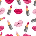 vector set of trendy lipstick shades, stylish makeup, pattern with pink lipstick shades