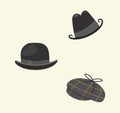 Vector set of trez isolated cartoon vintage detective hats on light background. Design for print, web decoration