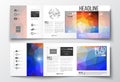 Vector set of tri-fold brochures, square design templates. Abstract colorful polygonal background, modern stylish Royalty Free Stock Photo