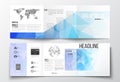 Vector set of tri-fold brochures, square design templates. Abstract colorful polygonal background, modern stylish Royalty Free Stock Photo