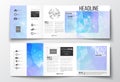 Vector set of tri-fold brochures, square design templates. Abstract colorful polygonal background, modern stylish Royalty Free Stock Photo