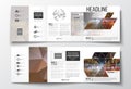 Vector set of tri-fold brochures, square design templates. Dark polygonal background, blurred image, night city Royalty Free Stock Photo