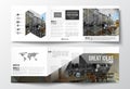 Vector set of tri-fold brochures, square design templates. Polygonal background, blurred image, urban landscape Royalty Free Stock Photo