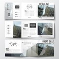 Vector set of tri-fold brochures, square design templates. Polygonal background, blurred image, urban landscape, modern Royalty Free Stock Photo
