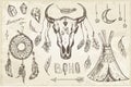 Vector set with tribal, indian, aztec, hipster, boho elements. Buffalo Skull, Dream catcher