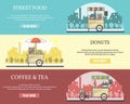 Vector set of tricycle street food bike horizontal banners Royalty Free Stock Photo