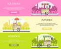 Vector set of tricycle street food bike horizontal flat banners Royalty Free Stock Photo