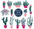 Vector set of tropical house plants in scandinavian style with text - Plants are our friends.