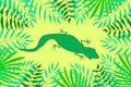 Vector set of tropical leaves. Figure green lizard iguana