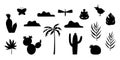 Vector set of tropical silhouettes. Black and white illustration of palm tree, cactus, clouds, leaves. Funny cute desert or jungle Royalty Free Stock Photo