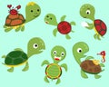 Vector set of turtle cartoon in different activity with little marine animals