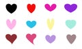 Vector set of twelve hearts in colorful patterns and different shapes.