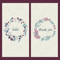 Vector set of two cards with greeting and drawn words hello and thank you in a circle flower frame