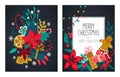 Vector set of two Christmas and New Year greeting cards with handwritten text, flowers, plants, holiday simbols Royalty Free Stock Photo