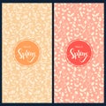 Vector set with two orange and pink cards with floral pattern and hand drawn words happy spring