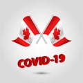 Vector two waving crossed flags of canada on silver pole - canadian icon with red 3d text title coronavirus covid-19