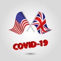 Vector set waving crossed flags of usa and uk on silver pole Ã¢â¬â american and british icon with red 3d text title coronavirus