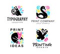 Vector set of typography and design studio logo with cute animals - fox, snail, swan and butterfly. Royalty Free Stock Photo