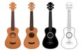 Vector set of Ukulele guitars, in realistic, flat color, black silhouette and outline versions Royalty Free Stock Photo