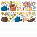 Vector set with underwater diving icons and pirate elements. Treasure chest, ship, octopus, diver. Little boys and