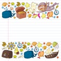 Vector set with underwater diving icons and pirate elements. Treasure chest, ship, octopus, diver. Little boys and