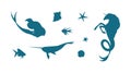 Vector set with underwater fantastic creatures illustration. Blue silhouette of undersea unicorn, mermaid and narwhal. Marine life