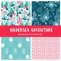 Vector set of underwater seamless patterns with seaweeds