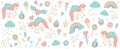 Vector set with unicorn cliparts. Horizontal banner with cute rainbow, crown, star, cloud, crystals for social media. Sweet