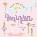 Vector set with Unicorn, Rainbow, Horn, Cloud, star.