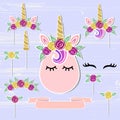 Vector set with Unicorn, Tiara, Horn, flower wreath.