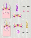 Vector set with Unicorn Tiara, Unicorn Horn, swirl, eyes