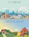 Vector set of urban and countryside landscapes. Big city, village farm illustration in flat style design Royalty Free Stock Photo