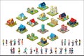 Vector set of urban isometric houses and groups of people. Residential buildings. Modern 3D style. Elements for mobile Royalty Free Stock Photo