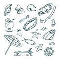 Vector set of vacation at sea. Isolated hand drawings on a white background