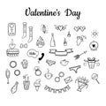 Vector set for Valentine`s day. Hand-drawn style. Sweet, flowers, drinks, garland, underwear, rings, grapes, glasses, bird, etc