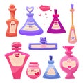 Vector set Valentine`s day items bottles of magic love potion.