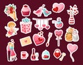 Vector set Valentine's day stickers . Cute icons cartoon style illustration. Collection of floral bouquet, gift box