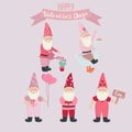 Vector set of valentines gnomes in pink clothes and lettering on a ribbon. Garden gnome on a goose, with flowers, gifts