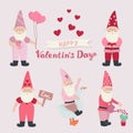 Vector set of valentines gnomes in pink clothes and lettering on a ribbon. Garden gnome on a goose, with flowers, gifts