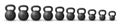 Vector set of various beautiful realistic black iron cast kettlebells on white background